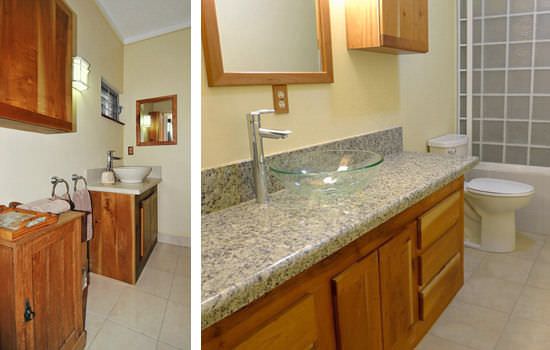 Bathrooms with vessel sinks and tall faucets