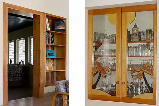 Wooden door frame and carved wood kitchen dresser