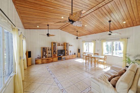 Elegant living room with wood ceiling and leather couch