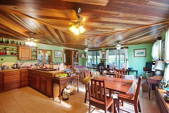 Hardwood ceiling with diamond-shaped pattern